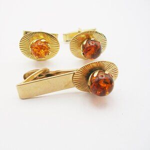 Vintage Cufflinks with matching gold tone Tie Clasp Crackled Glass Marble